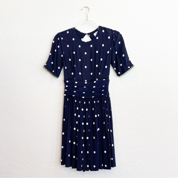 & Other Stories Women's Polka Dot Open Back Mini Dress Navy Blue Ruched Waist 2 - Picture 2 of 9